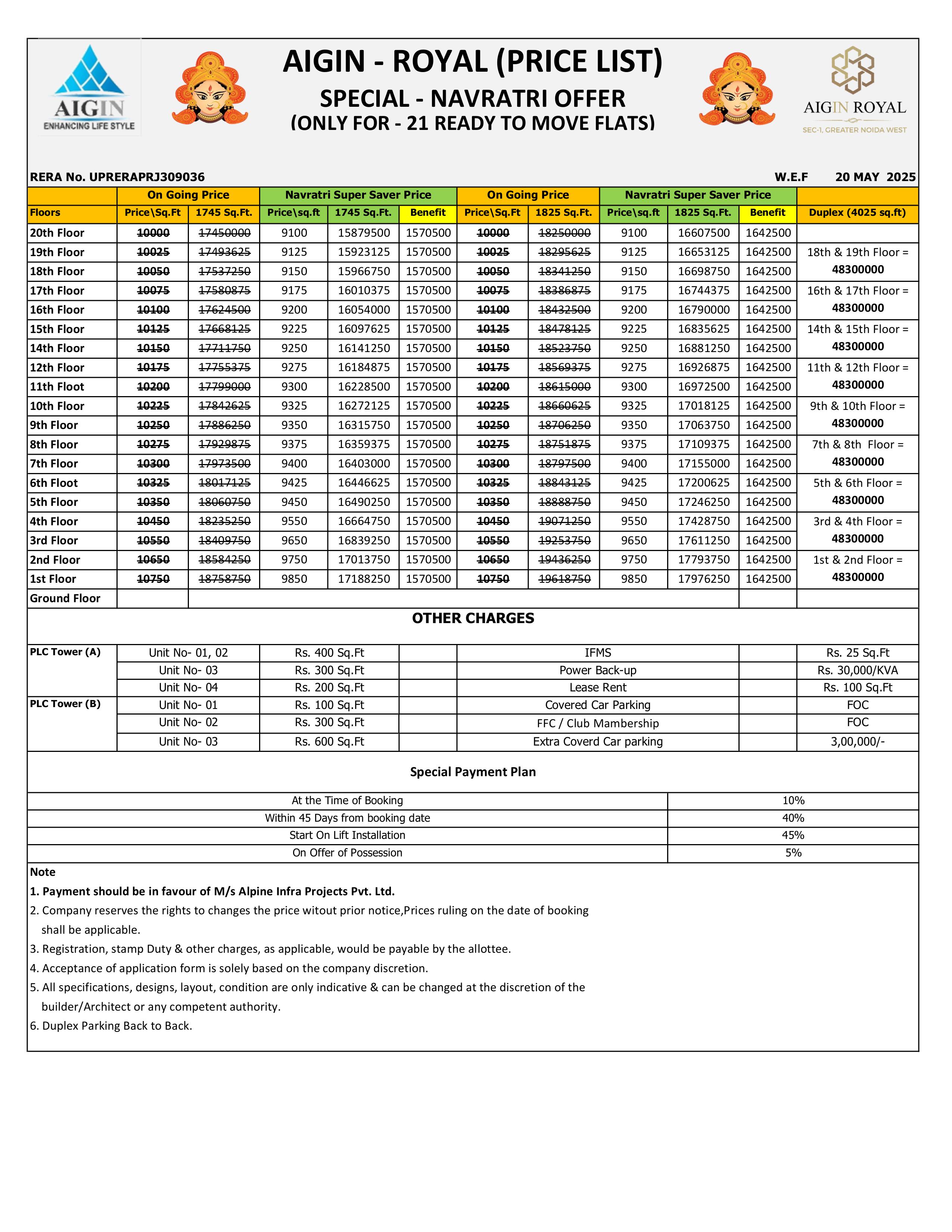 aig royal apartments price list